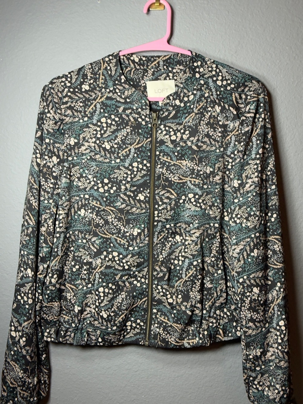 LOFT Teal, Black and Cream Botanical Zip Bomber Jacket